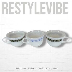 PYREX VINTAGE Lot Of 3 Mugs Cups Milk Glass 2 Green Daisy Pattern 1 Blue Floral